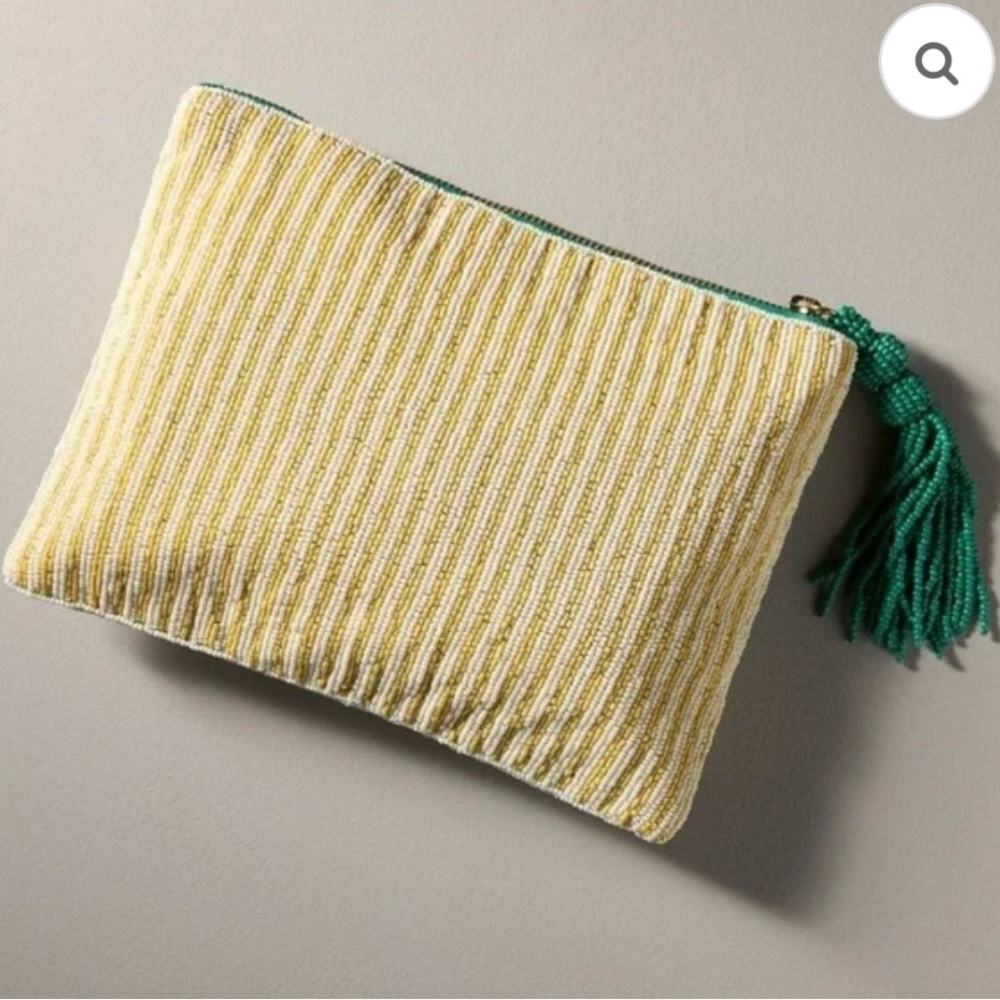 NWT $88 Anthropologie Yellow Lattice Floral The Fiona Large Beaded Pouch - Picture 2 of 5